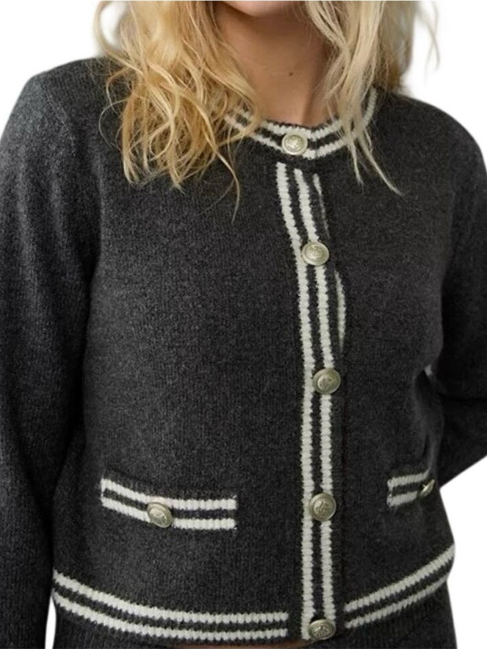 NWT- American eagle Gray Striped cardigan cropped Button-Sweater-medium